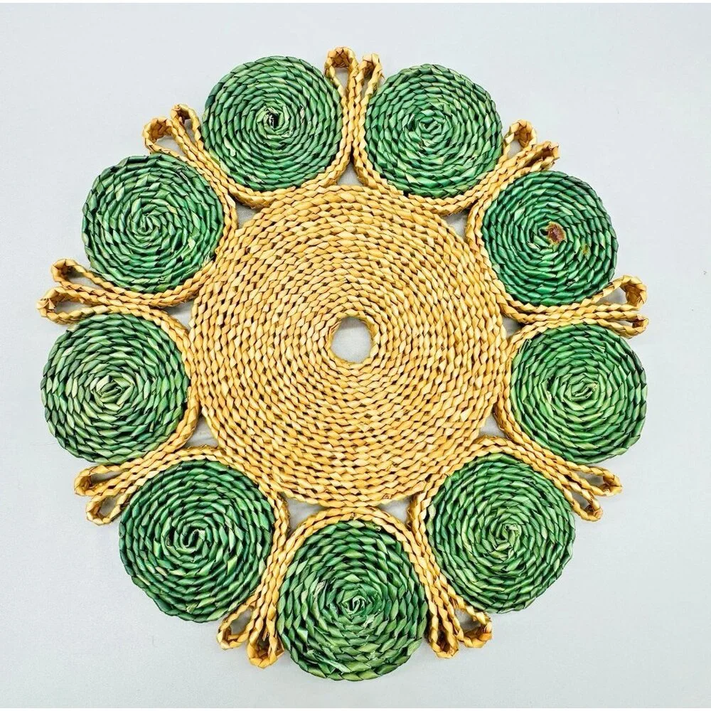 Rafia Woven Colorful Trivets Boho Style Decor Set of 2 1970s Purple Green 7 inch